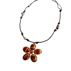 Vintage tiger eye flower pendant necklace with adjustable black braided rope