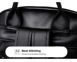 Detail showing neat stitching and sturdy strap attachment on black leather backpack