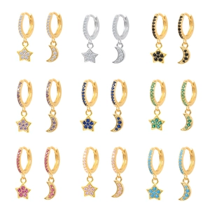 S925 Sterling Silver Post Asymmetric Star Moon Dangle Hoop Earrings Gold Plated Zirconia Inlaid Fashion Jewelry For Women