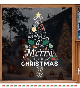Detail of Christmas tree window sticker with festive snowflakes and Merry Christmas text