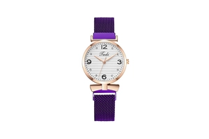 Detailed view of white textured dial with rose gold case and purple mesh magnetic strap