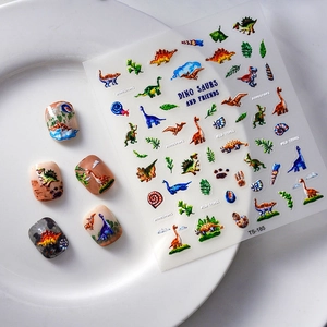 5D embossed dinosaur nail art stickers featuring T-Rex and Triceratops designs on nails