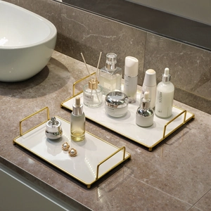 Luxury Bathroom Storage Tray Marble Pattern UV Board Iron Gold Frame Vanity Countertop Organizer Waterproof With Handles Modern