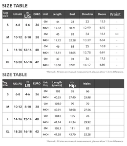 Comprehensive size chart for women's short sleeve T-shirt and casual pants vacation set