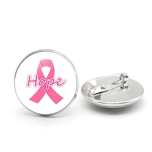 Front and back detail of pink ribbon hope brooch with glass gem and silver safety pin