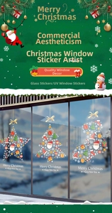 Detail of UV static cling Christmas tree and stars decals for festive window decoration