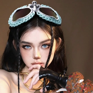 Retro punk sports goggles with turquoise chain frame and silver skull metal relief