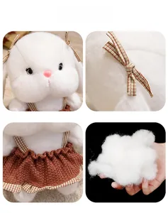 Detailed views of white bunny plush with red plaid dress and high-quality PP cotton filling