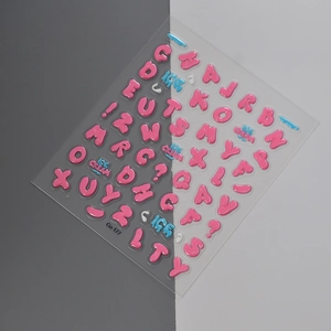 Detailansicht der 3D-Alphabet-Nagelaufkleber mit rosa Blasenstruktur und Modellnummer Co-177