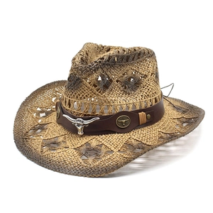 Hollow straw cowboy hat with silver bull head metal badge and leather band for beach travel