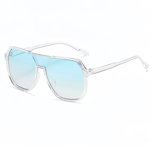 Modern oversized aviator sunglasses with transparent frames and light blue gradient lenses