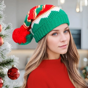 Christmas Knitted Beanie Hat Striped Pattern Soft Warm With Large Pom Pom For Holiday Party Winter Unisex