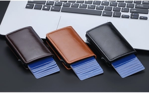 Business style RFID leather wallets featuring a pop-up card mechanism in three colors