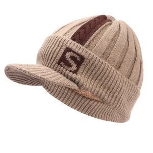 Winter thermal ribbed knit beanie with S-patch and warm fleece lining in beige and brown