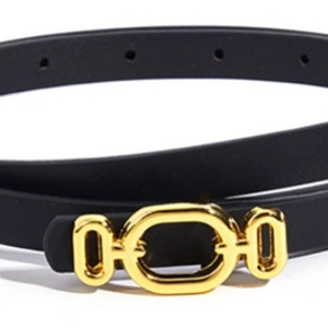 Minimalist black slim leather belt for women with elegant alloy buckle on white background