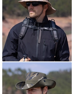 Outdoor camouflage sun hat with wide brim, breathable mesh and adjustable neck strap for hiking