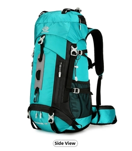 Side view of 60L waterproof hiking backpack with adjustable buckles and waist support