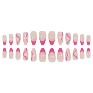 Pink French almond press-on nails set with wavy patterns and gradient design