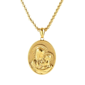 Vintage 18k gold plated stainless steel Virgin Mary relief pendant with ball chain