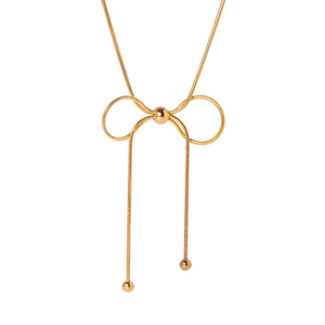 Elegant gold butterfly tassel necklace with snake chain and polished beads on white backdrop