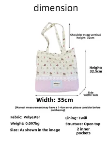 Detailed size chart for polyester tote bag showing dimensions 35x32.5x5cm with two pockets