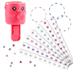Pink cat-themed hair gem stamper kit with colorful diamond stickers and DIY accessories