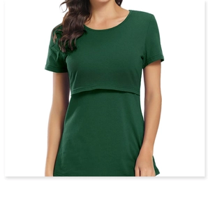 Detail view of the nursing opening on a dark green cotton maternity t-shirt