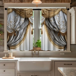 Detailed view of kitchen curtains with golden fringe tassels and luxury court style pattern