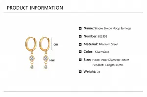 Detail view of gold titanium steel hoop earrings with cubic zirconia pendant measurements