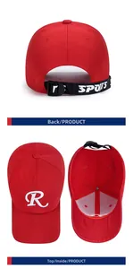 Detail showing the red baseball cap with white embroidered R and SPORTS strap