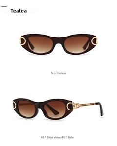 Detailed front and side views of vintage oval tea sunglasses with gold C-shape metal hardware