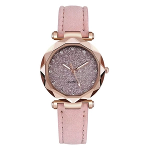Women's Quartz Watch Starry Sky Glitter Dial Rhinestone Scale Faceted Case Matte Faux Leather Strap Fashion Casual