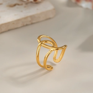 Bague ouverte dorée à lignes multicouches irrégulières en acier au style géométrique