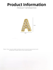 Macro view of 18k gold plated letter A pendant with cubic zirconia inlay and dimensions