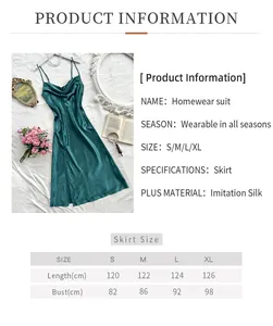 Detailed size chart for emerald green backless silk nightgown with length and bust details