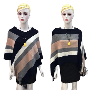 Knitted women's striped poncho with fringe hem, elegant navy and beige sweater cape wrap