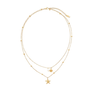 Gold stainless steel layered necklace with seashell starfish charms and pearl detail