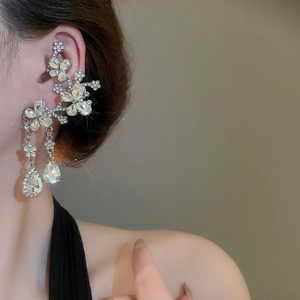 Silver flower earrings with rhinestones, long tassels and teardrop crystal drops