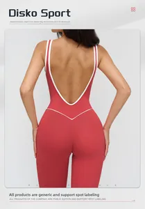 U-shaped backless design on red yoga jumpsuit with white contrast piping detail