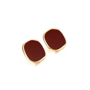 French vintage deep red square enamel earrings with elegant polished gold metal trim