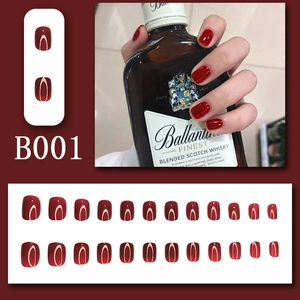 Dark red press-on nails with white geometric patterns, 24-piece full set for women