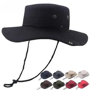 Detail view of cotton canvas bucket hat with wide brim, chin strap and 8 color options