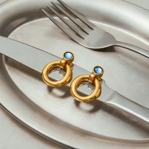 Elegant 18K gold plated stainless steel hollow hoop earrings with blue zircon