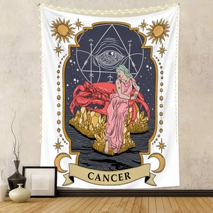 Detail of a Cancer zodiac tapestry featuring a mystic goddess and tarot illustration
