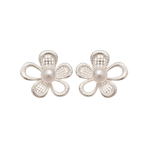 Elegant silver flower stud earrings with hollow mesh petals and white center pearl