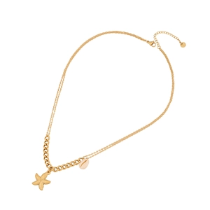 Golden double layer stainless steel necklace with starfish and seashell charms on white background