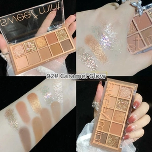 Detail of 10-color eyeshadow palette with caramel pumpkin shades and arm swatches
