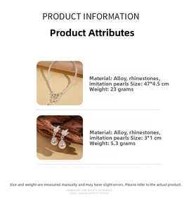 Detailed size parameters for the vintage pearl and rhinestone necklace and earrings set