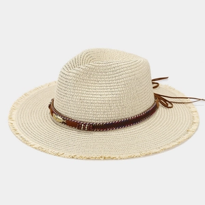 Bohemian Straw Fedora Hat Wide Frayed Edge Feather Leather Band Summer Beach Breathable Sun Protection For Women