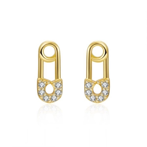 S925 silver pin safety pin earrings with gold plating and cubic zirconia stones